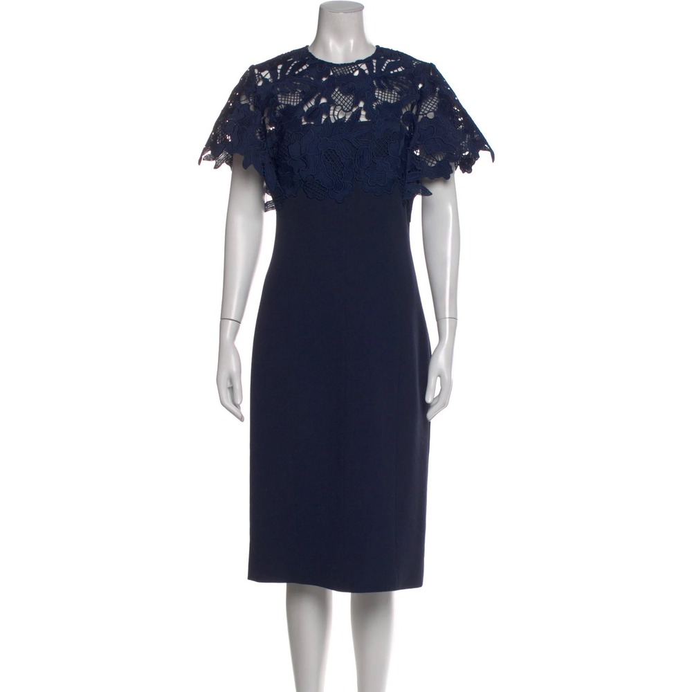 Lela Rose Navy Blue Guipure Lace Crepe Sheath Cocktail Party Midi Dress 6